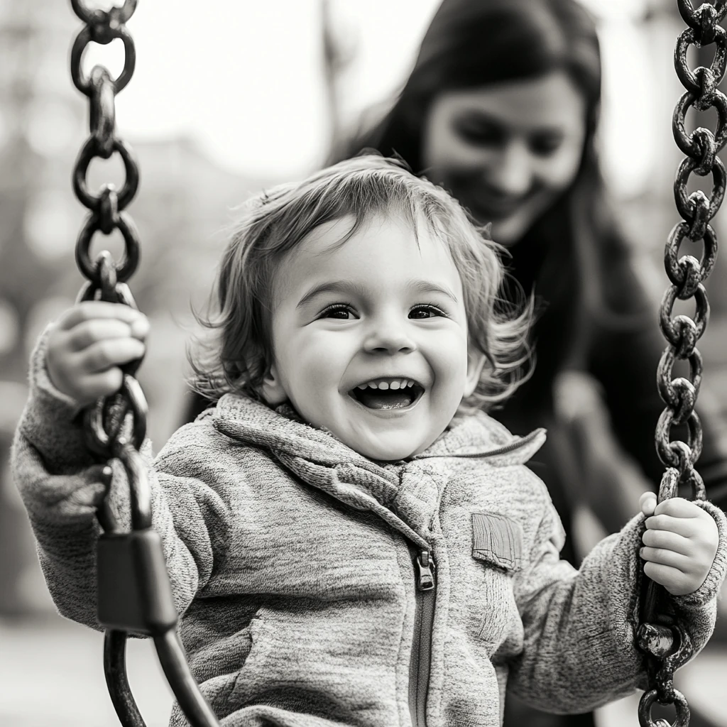 Leende barn gungar medan vuxen håller uppsikt i bakgrunden.