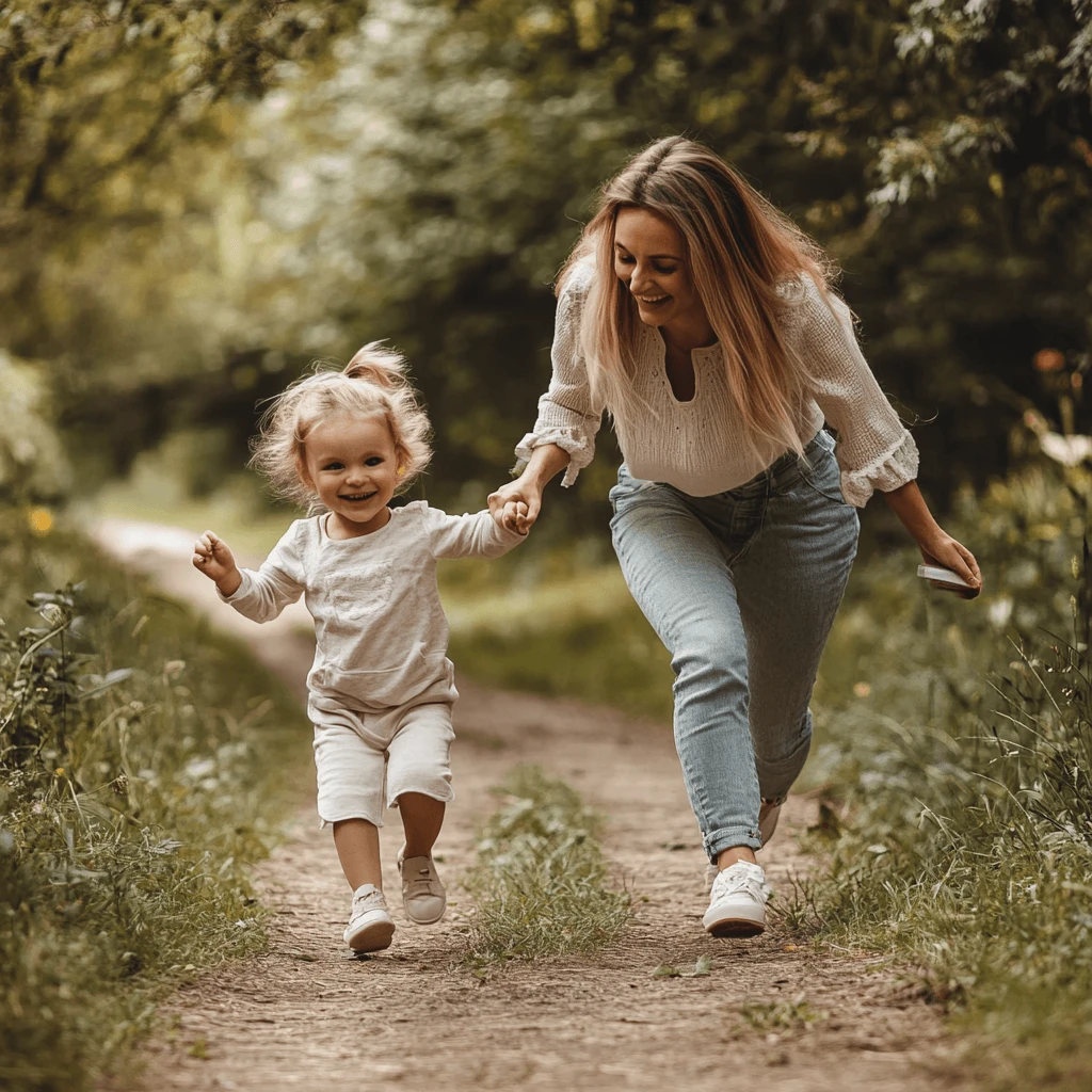 Barn och barnvakt går hand i hand på en skogsstig.